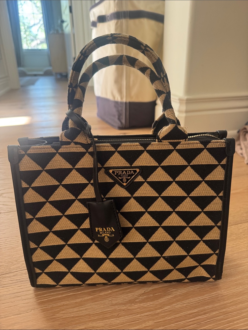 Prada Black & Beige Geometric Canvas Top-Handle Tote